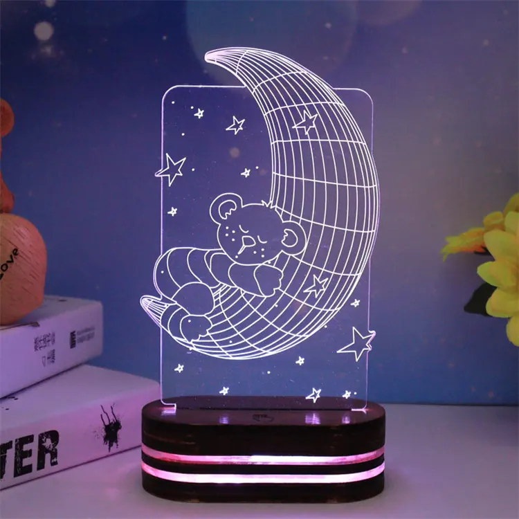 Nouveau produit lune ours en forme de panneau acrylique blanc chaud Illusion 3d LED veilleuse éclairage de chambre intérieure