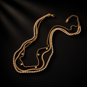 Trendy Gold Tone Stainless Steel Multi Layer Necklace Square Zircon Crystal Rhineston <b>Chain</b> - Product Image 3