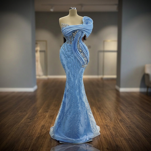 Vestido de Noche Azul Elegante 2025 con Cuentas, Pedrería, Encaje y Satén, Vestido de Fiesta de Graduación con Cuello Alto, Estampado Floral, Largo hasta el Suelo - Product Image 3