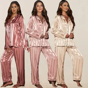Fashion Long Sleeve Satin Family Pyjamas 2pcs Sexy Lady Shiny Striped Loungewear Sets Women's Satin Sleepwear for Homewear