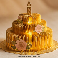 Carte de vœux d'anniversaire 3D stéréo avec gâteau lumineux et musique, papier doré, enveloppe cadeau d'anniversaire