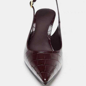 Ladies <b>Burgundy</b> Pattern PU Leather Pointed Toe Slingback Stiletto Pumps Adjustable Ankle Strap for Evening Work Events - Product Image 3