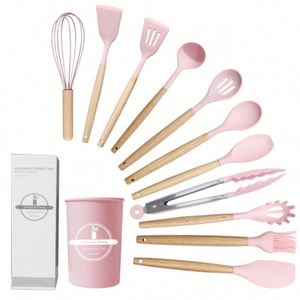 High Quality Eco-Friendly Food Grade <b>Silicone</b> Utensils Set Wooden Handle Heat Resistant Dishwasher Safe Customized Color - Product Image 1