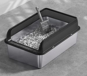 Caja de arena para gatos semicerrada de acero inoxidable con parte superior abierta, inodoro metálico para gatos con borde integrado para la separación de arena y antirresbaladizos. - Product Image 6