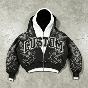 Felpa con Cappuccio Personalizzata con Stampa Angelo in Strass, Streetwear Y2K da Uomo, 400gsm, Doppio Strato, per Linee di Abbigliamento - Product Image 1