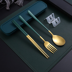 Peralatan makan Set portabel isi <span class=keywords><strong>3</strong></span> buah, sendok garpu sumpit Modern bahan baja tahan karat gaya Korea, peralatan makan nyaman untuk pelajar - Product Image 4