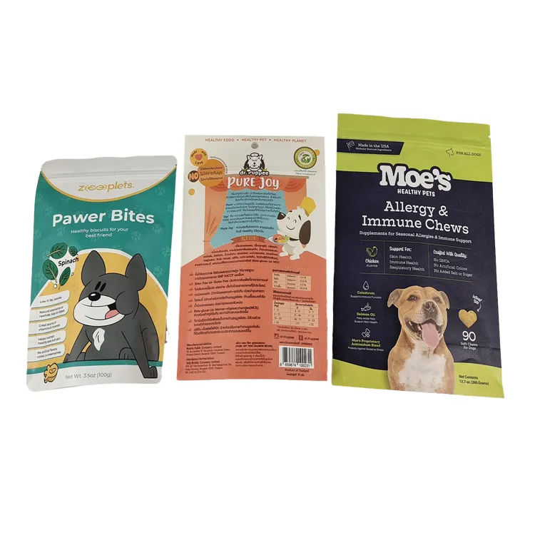 Muestra gratis hecha a medida con cierre de cremallera resellable golosinas para perros Paquete de aperitivos bolsa de pie bolsa de embalaje de alimentos para mascotas