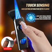 Briquet torche au gaz butane rechargeable portable à 3 jets avec logo personnalisé, dispositif d'allumage à flamme bleue, briquets à cigarettes gonflables