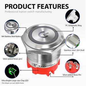 Botón Pulsador IP67/IP65 2NO con Símbolo de Encendido para Electrodomésticos, Luz LED Iluminada, Latón Cromado, Acero Inoxidable, Terminal de Tornillo - Product Image 2