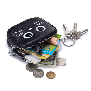 Nouveau Style mignon chat <span class=keywords><strong>Double</strong></span>-Zip porte-monnaie en cuir véritable Mini portefeuille porte-clés sac de rangement Niche rouge à lèvres pochette avec porte-clés - Product Image 2