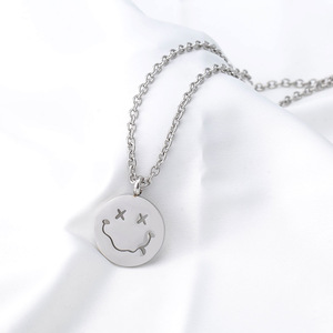 yunnique Unisex Stainless Steel <b>Necklace</b> Cartoon Smiley Face Pendant <b>Long</b> Chain Fashion Jewelry For Men And Women - Product Image 1