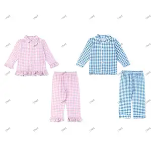 RTS wholesale children's designer cotton easter plaid polo long sleeve ruffled siblings set pajamas