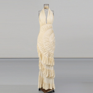 GX3303 Abito Lungo <span class=keywords><strong>da</strong></span> <span class=keywords><strong>Sera</strong></span> di Lusso per <span class=keywords><strong>Donna</strong></span>, Sexy Senza Maniche con Collo Halter e Scollo Profondo a V, Vestito Aderente con Volant - Product Image 2