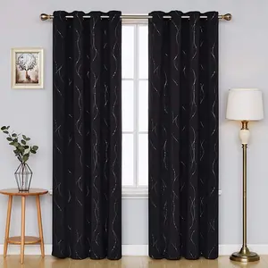 Black Curtains Wave Line with Dots Foil PartyPrinted Grommet Blackout Curtains for Living Room Small Window