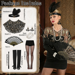 Costume de Charleston des années 20, ensemble de 9 pièces pour femme, tenue de fête vintage Gatsby avec bandeau à plumes, bijoux en perles, gants, éventail et bas. - Product Image 4