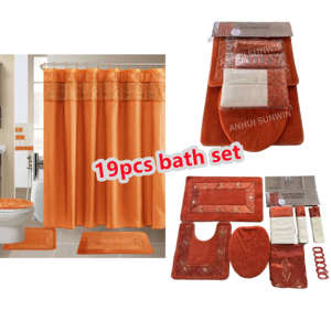 Koleksi mewah 18/19 buah SET keset kamar mandi bordir 1 tirai mandi tahan air 3 karpet 12 kait 3 buah handuk - Product Image 6