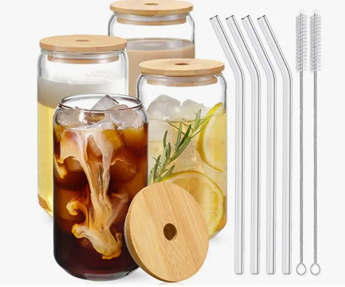 Biểu Tượng Tùy Chỉnh Bia Có Thể Thủy Tinh Borosilicate 16Oz 480Ml Rõ Ràng Cà Phê Soda Thủy Tinh Nước Trái Cây Cup Với Nắp Tre Và Rơm