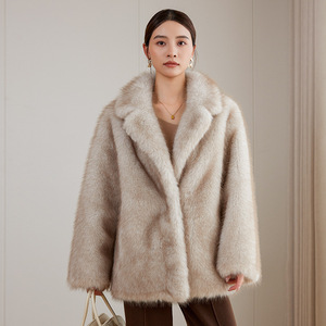 Manteau en fausse fourrure <span class=keywords><strong>beige</strong></span> de luxe pour femmes, col rabattu, chaud et moelleux, vêtement d'extérieur d'hiver élégant, veste épaisse - Product Image 5