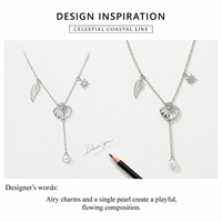 Collier Lariat Perle Céleste en Acier Inoxydable avec Breloques Imitation Perle, Aile d'Étoile et Coquillage Or et Argent