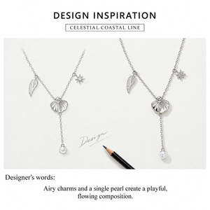 Collier Lariat Perle Céleste en Acier Inoxydable avec Breloques Imitation Perle, Aile d'Étoile et Coquillage Or et Argent - Product Image 3