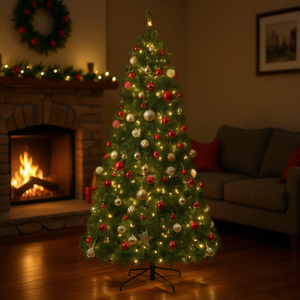 Árbol de Navidad Artificial de 7 Pies con 450 Luces LED Cálidas, 1050 Ramas, Instalación Automática, Base Verde para Interiores - Product Image 2