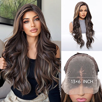 Perruque synthétique 13x6 Lace Frontal Body Wave, longue, ondulée, en fibre haute température, résistante à la chaleur, avec raie au milieu, effet volumineux, prête à porter