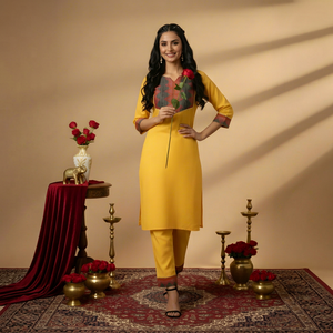 Ensemble Kurti et pantalon droit jaune moutarde en gros, avec encolure et poignets imprimés contrastants, coupe décontractée, Prayosha Enterprise - Product Image 1