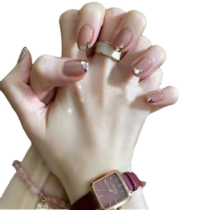 Uñas Postizas Cortas Cuadradas Rosadas, Uñas Acrílicas con Pedrería 3D, Uñas Artificiales con Pegamento - Product Image 1