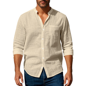 Camicie Casual da <span class=keywords><strong>Uomo</strong></span> in <span class=keywords><strong>Lino</strong></span> Traspirante a Maniche Lunghe con Colletto alla Coreana in Tinta Unita Stile Cinese Moderno - Product Image 1