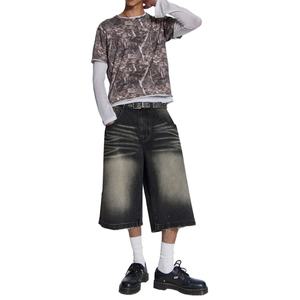 Shorts en jean baggy déchirés à taille basse, coupe ample, noir délavé, style streetwear vintage - Product Image 2