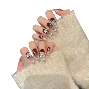 [Paris Dream] Uñas Postizas Removibles con Diseño de Ojo de Gato Francés, Color Café Moca, con Diamantes Cuadrados, para Otoño e Invierno - Product Image 1