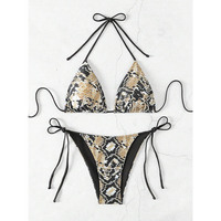 Maillot de bain bikini sexy 2 pièces pour femme, imprimé léopard, col halter, à lacets, style triangle, mode plage été