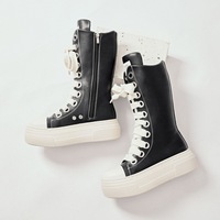 Q9527-2026 Chaussures de couple tendance à semelle épaisse, bottes montantes en cuir PU à lacets et fermeture éclair, baskets plateforme robustes pour femme
