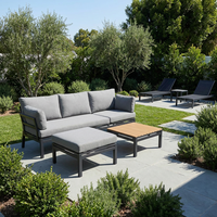 Ensemble de salon de jardin 4 pièces en aluminium noir mat, résistant aux intempéries, avec table basse à lattes en bois et ottoman amovible et imperméable