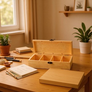 Caja de Almacenamiento de Madera Maciza, Rectangular, con Tapa Abatible, Compartimentada, Organizador de Oficina, para Montar en Escritorio, Caja de Regalo - Product Image 1