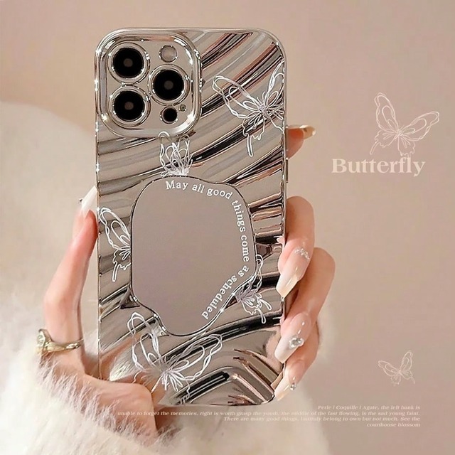 Silver electroplated wave Butterfly pattern mirror phone case For iPhone 13 14 15 16 17Pro Max soft Protection Cover