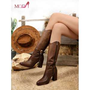 Bottes mi-mollet pour femmes en cuir microfibre, talon de 7 cm, décoration à boucle, style vacances - Product Image 2