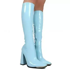 Q101024 kış açık deri PU uzun Boot ayakkabı yüksek diz yumuşak deri düz topuklu bayan kare ayak fritöz çizme yüksek çizmeler