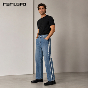 Pantalones vaqueros de pierna recta Cut And Sew Sawyer con flecos laterales, lavado vintage, efecto desgastado, estilo streetwear, venta al por mayor a granel - Product Image 1