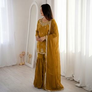 Women Sharara Suit Salwar Kameez Fendy Silk Embroidered <b>Sequin</b> Glitter Print Dupatta Modern Indian Pakistani Outfit for Wedding - Product Image 1