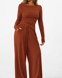 Ensemble de 2 pièces décontracté pour femmes, haut à manches longues et col rond + <span class=keywords><strong>pantalon</strong></span> large à taille haute, vêtements de détente doux et extensibles pour un usage quotidien - Product Image 1