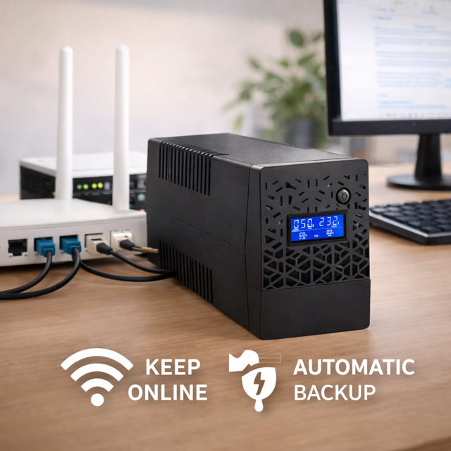 650VA Mini Offline UPS Internal Battery Backup Power Supply for Desktop Router Modem and Home Office Daily Protection Use