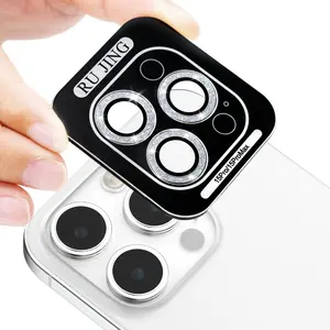 IPhone 15 Pro Max 글리터 다이아몬드 메탈 카메라 렌즈 화면 보호 커버 용 전화 액세서리 골드 카메라 렌즈 보호기