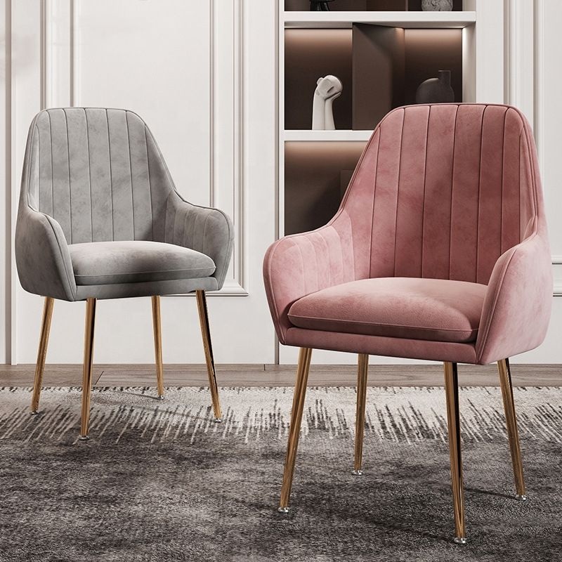 Silla de maquillaje para dormitorio, comedor con patas de Metal dorado, de terciopelo rosa, para sala de estar y habitación