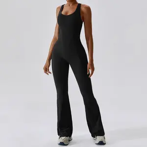 CLT8117 Women's Yoga Bodysuit With Loose Leg 1 Piece Tummy Control Jumpsuit With Back Hole Rompers Sports Workout Playsuits