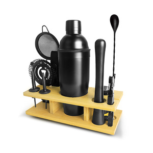 Istapromo ชุดเชกเกอร์ค็อกเทลสแตนเลสสีดำด้านของขวัญ11ชิ้นพร้อมเครื่องมือบาร์ไม้และชุดเครื่องปั่น - Product Image 1