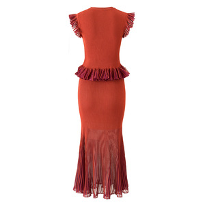 In Stock Summer Lady Delicacy <strong>Tulle</strong> Trim Patchwork Suit O-neck Sleeveless Pullover <strong>Tops</strong> Mermaid Long Skirt Women Slim Knit 2Pcs - Product Image 3