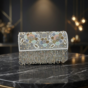 Beaded Pearl Floral Handmade Evening <b>Clutch</b> <b>Wedding</b> Party Bag Gray Fringe Decorated - Product Image 3