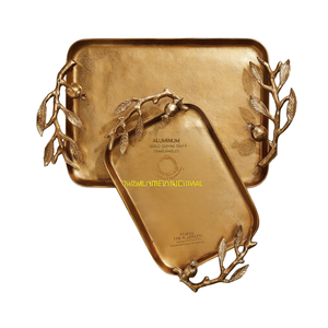 Aluminium Gold <b>Serving</b> Tray <b>Set</b> With Decorative Leaf And Pomegranate Handles Rectangular Food Platters For Home Hotel & Parties - Product Image 1