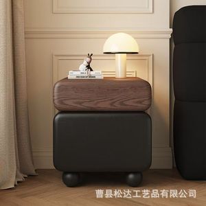 Mesita de noche moderna minimalista de madera, mesita de noche de madera maciza, armario de almacenamiento para dormitorio, multifuncional de doble capa - Product Image 3